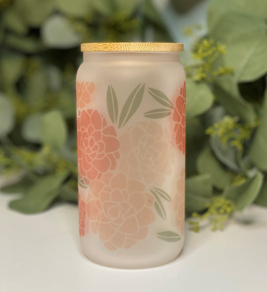 Pink Peonies Glass Can Cup